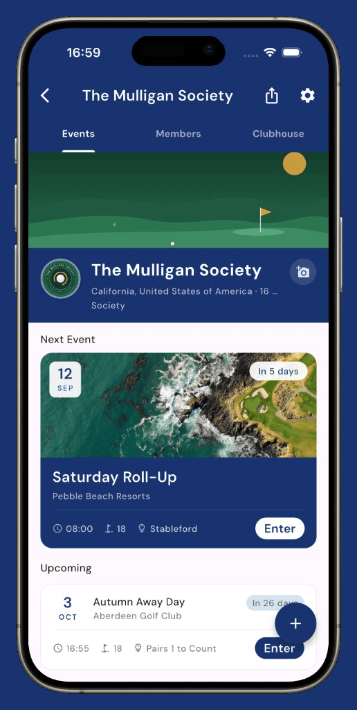 The Mulligan Society group page in Golfify, with upcoming events and Enter buttons